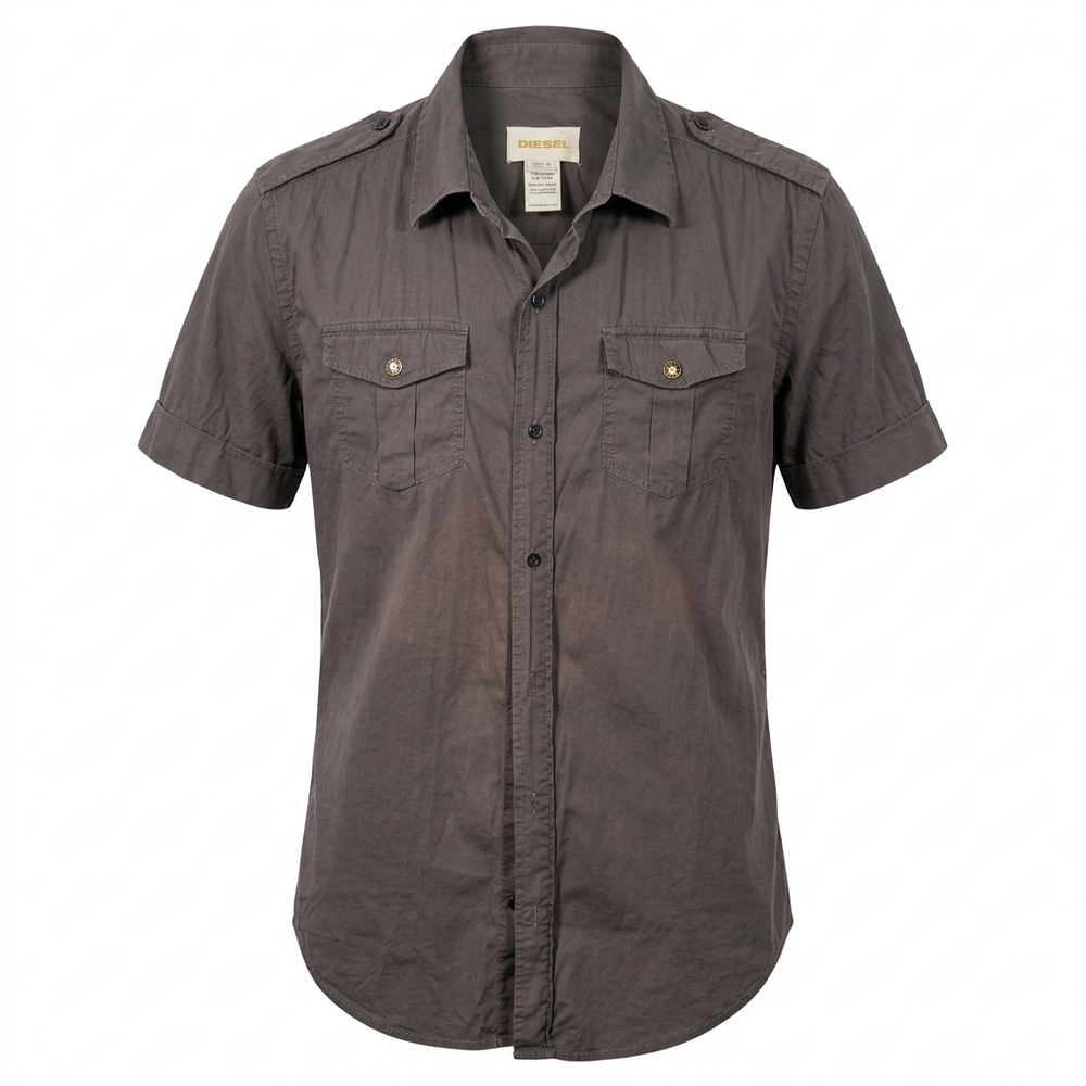 Diesel charcoal cotton shirt with button front, flap chest pockets, shoulder epa